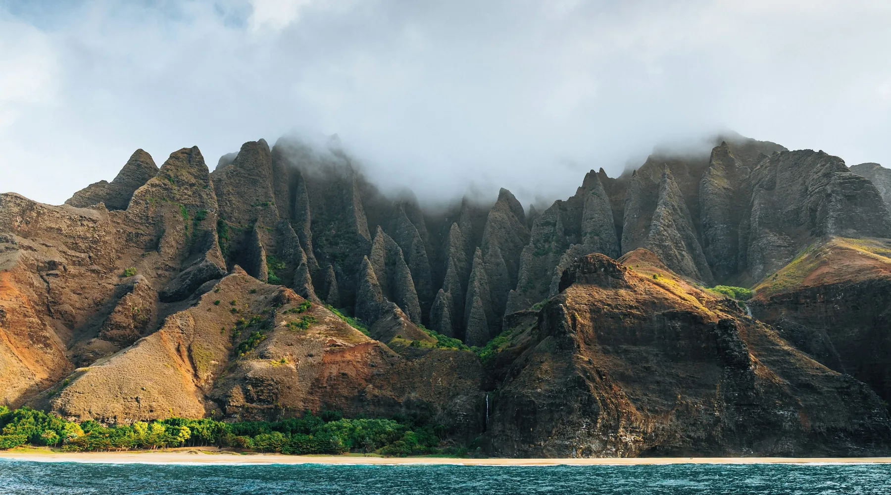A golden-brown line of fluted Nāpali ridges under low cloud, above a green fringe of trees and a sand beach